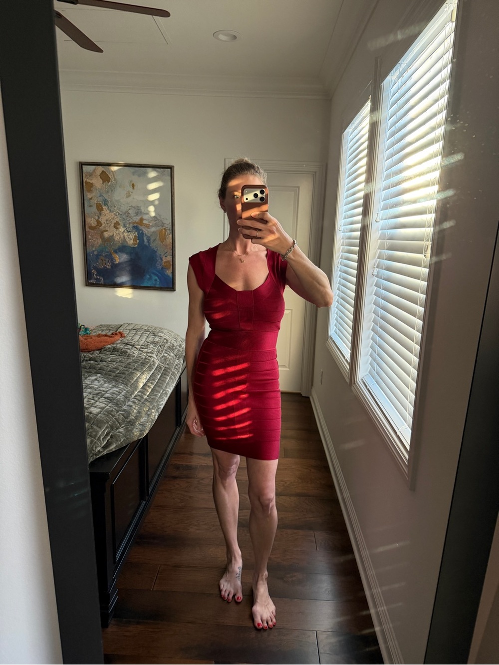 French Connection Red Cap-Sleeve Bodycon Mini Dress